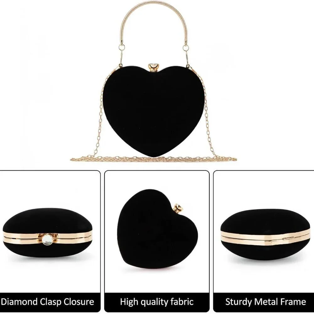 Women Heart Shaped Evening Bag Suede Mini Clutch Crossbody with Chain